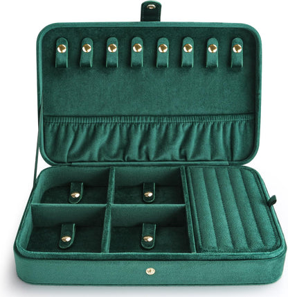 VELORIA Velvet Travel Jewelry Organizer with 8 Snap Clasps, Elastic Pouch, Ring Rolls & Hidden Compartment, Compact Jewelry Case for Necklaces, Earrings, Bracelets and Bangles, Dark Red