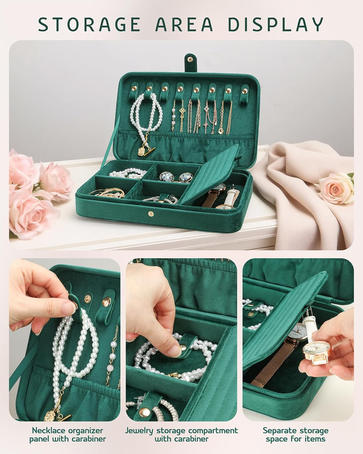 VELORIA Velvet Travel Jewelry Organizer with 8 Snap Clasps, Elastic Pouch, Ring Rolls & Hidden Compartment, Compact Jewelry Case for Necklaces, Earrings, Bracelets and Bangles, Dark Red