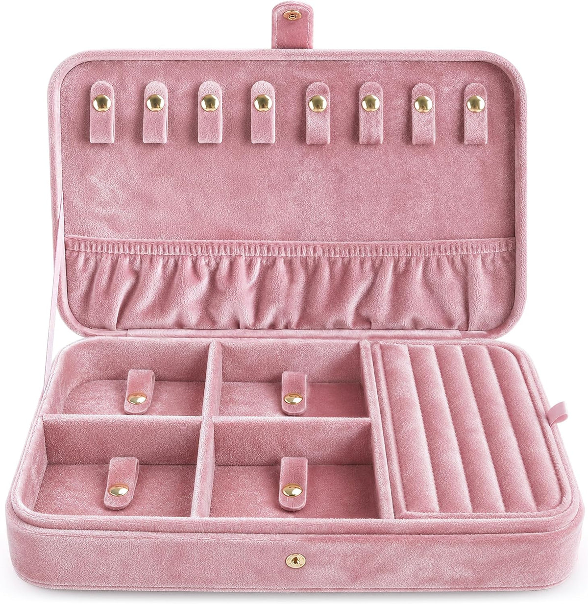 VELORIA Velvet Travel Jewelry Organizer with 8 Snap Clasps, Elastic Pouch, Ring Rolls & Hidden Compartment, Compact Jewelry Case for Necklaces, Earrings, Bracelets and Bangles, Dark Red