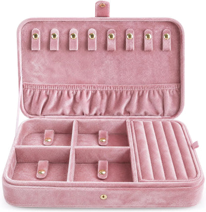 VELORIA Velvet Travel Jewelry Organizer with 8 Snap Clasps, Elastic Pouch, Ring Rolls & Hidden Compartment, Compact Jewelry Case for Necklaces, Earrings, Bracelets and Bangles, Dark Red