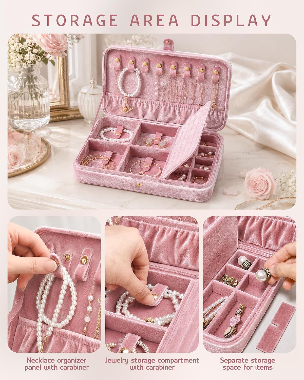 VELORIA Velvet Travel Jewelry Organizer with 8 Snap Clasps, Elastic Pouch, Ring Rolls & Hidden Compartment, Compact Jewelry Case for Necklaces, Earrings, Bracelets and Bangles, Dark Red