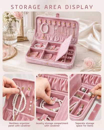 VELORIA Velvet Travel Jewelry Organizer with 8 Snap Clasps, Elastic Pouch, Ring Rolls & Hidden Compartment, Compact Jewelry Case for Necklaces, Earrings, Bracelets and Bangles, Dark Red