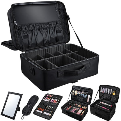 Extra Large Makeup Case 8.5” Deep Professional Cosmetic Organizer Box Brush Holder with 3 Clear Set Bags/Lipstick Plate for Makeup Artists with Shoulder Strap/Adjustable Dividers/Luggage Sleeve