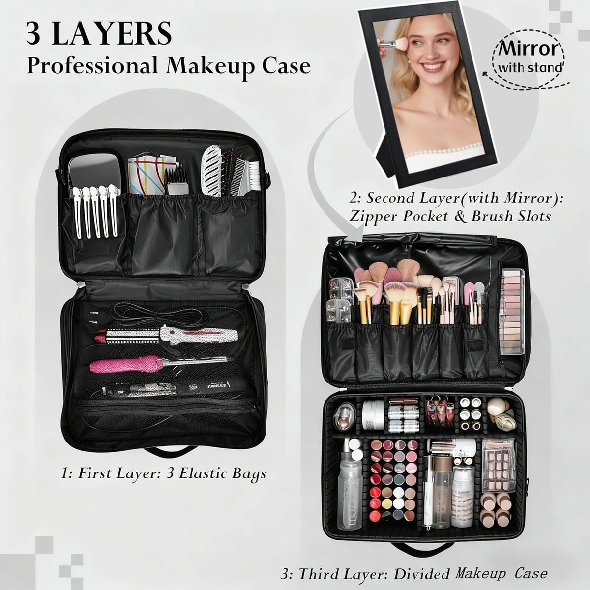 Extra Large Makeup Case 8.5” Deep Professional Cosmetic Organizer Box Brush Holder with 3 Clear Set Bags/Lipstick Plate for Makeup Artists with Shoulder Strap/Adjustable Dividers/Luggage Sleeve