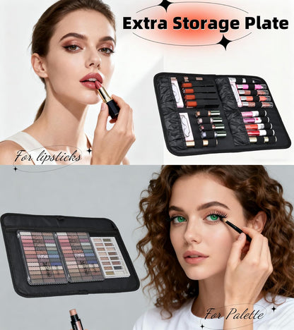 Extra Large Makeup Case 8.5” Deep Professional Cosmetic Organizer Box Brush Holder with 3 Clear Set Bags/Lipstick Plate for Makeup Artists with Shoulder Strap/Adjustable Dividers/Luggage Sleeve