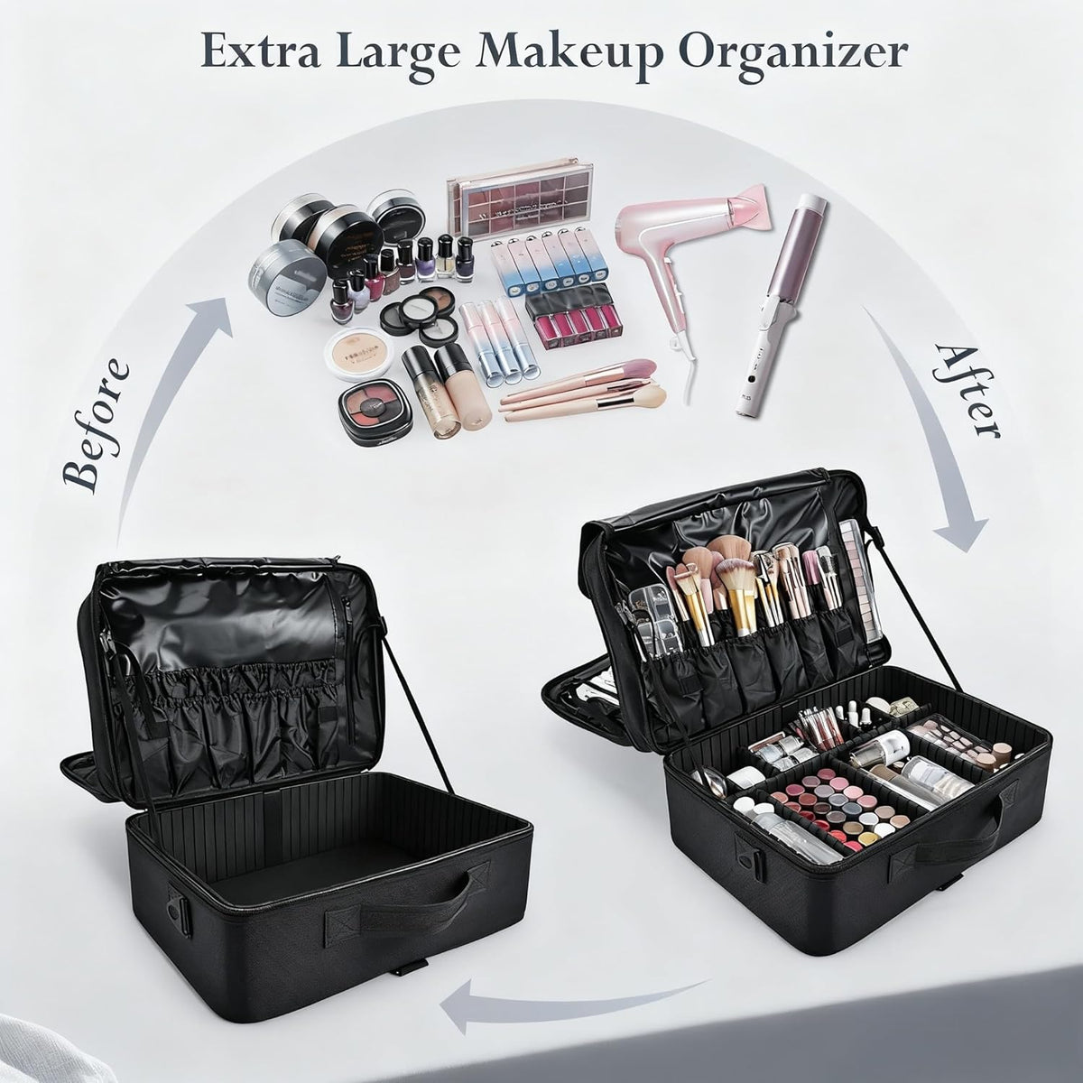 Extra Large Makeup Case 8.5” Deep Professional Cosmetic Organizer Box Brush Holder with 3 Clear Set Bags/Lipstick Plate for Makeup Artists with Shoulder Strap/Adjustable Dividers/Luggage Sleeve