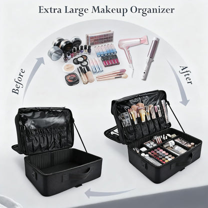 Extra Large Makeup Case 8.5” Deep Professional Cosmetic Organizer Box Brush Holder with 3 Clear Set Bags/Lipstick Plate for Makeup Artists with Shoulder Strap/Adjustable Dividers/Luggage Sleeve