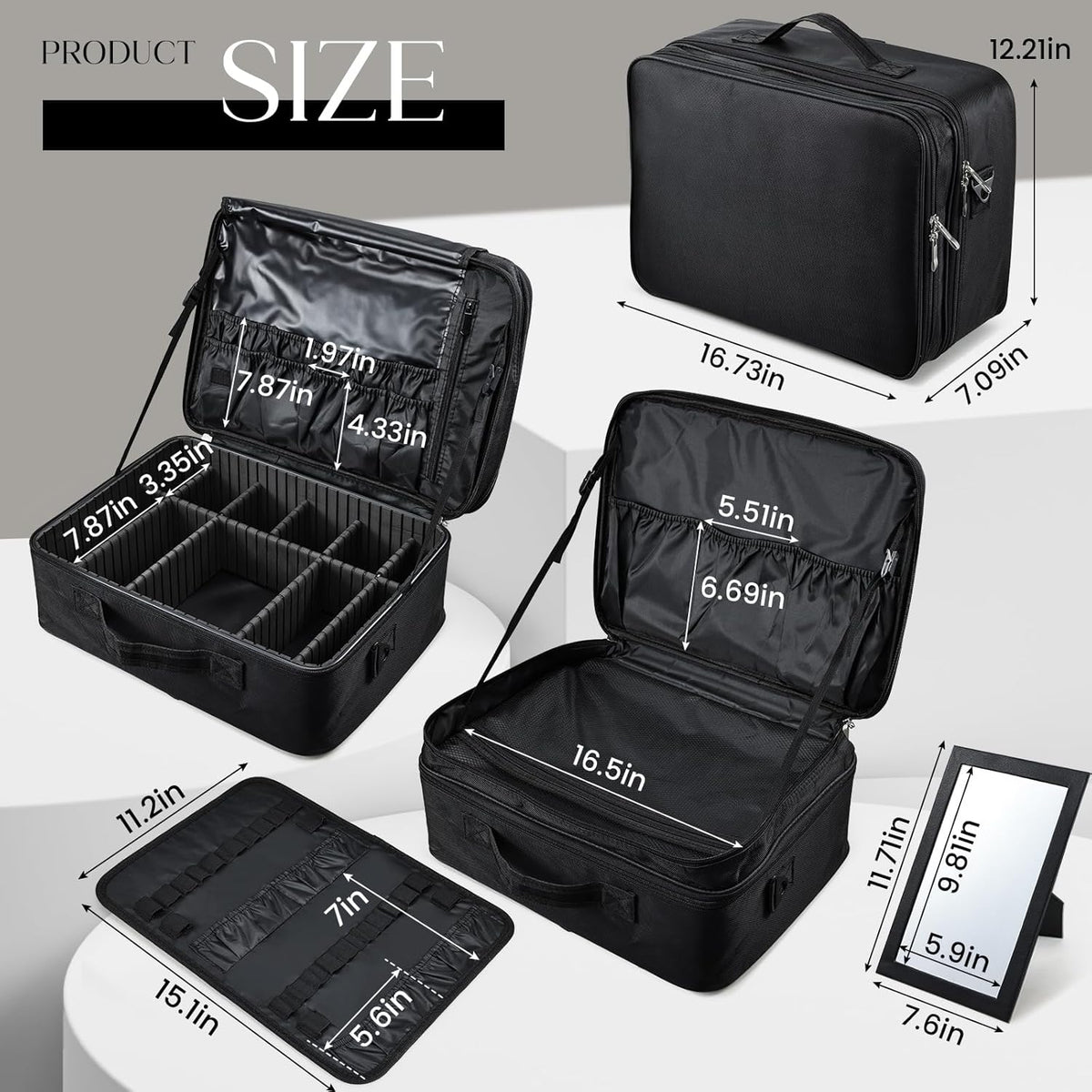 Extra Large Makeup Case 8.5” Deep Professional Cosmetic Organizer Box Brush Holder with 3 Clear Set Bags/Lipstick Plate for Makeup Artists with Shoulder Strap/Adjustable Dividers/Luggage Sleeve