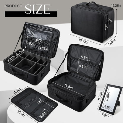 Extra Large Makeup Case 8.5” Deep Professional Cosmetic Organizer Box Brush Holder with 3 Clear Set Bags/Lipstick Plate for Makeup Artists with Shoulder Strap/Adjustable Dividers/Luggage Sleeve