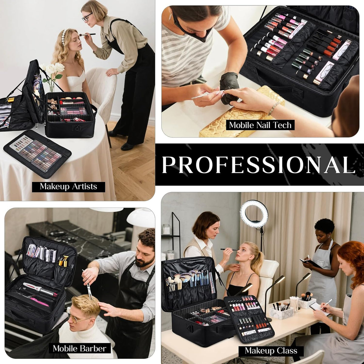 Extra Large Makeup Case 8.5” Deep Professional Cosmetic Organizer Box Brush Holder with 3 Clear Set Bags/Lipstick Plate for Makeup Artists with Shoulder Strap/Adjustable Dividers/Luggage Sleeve