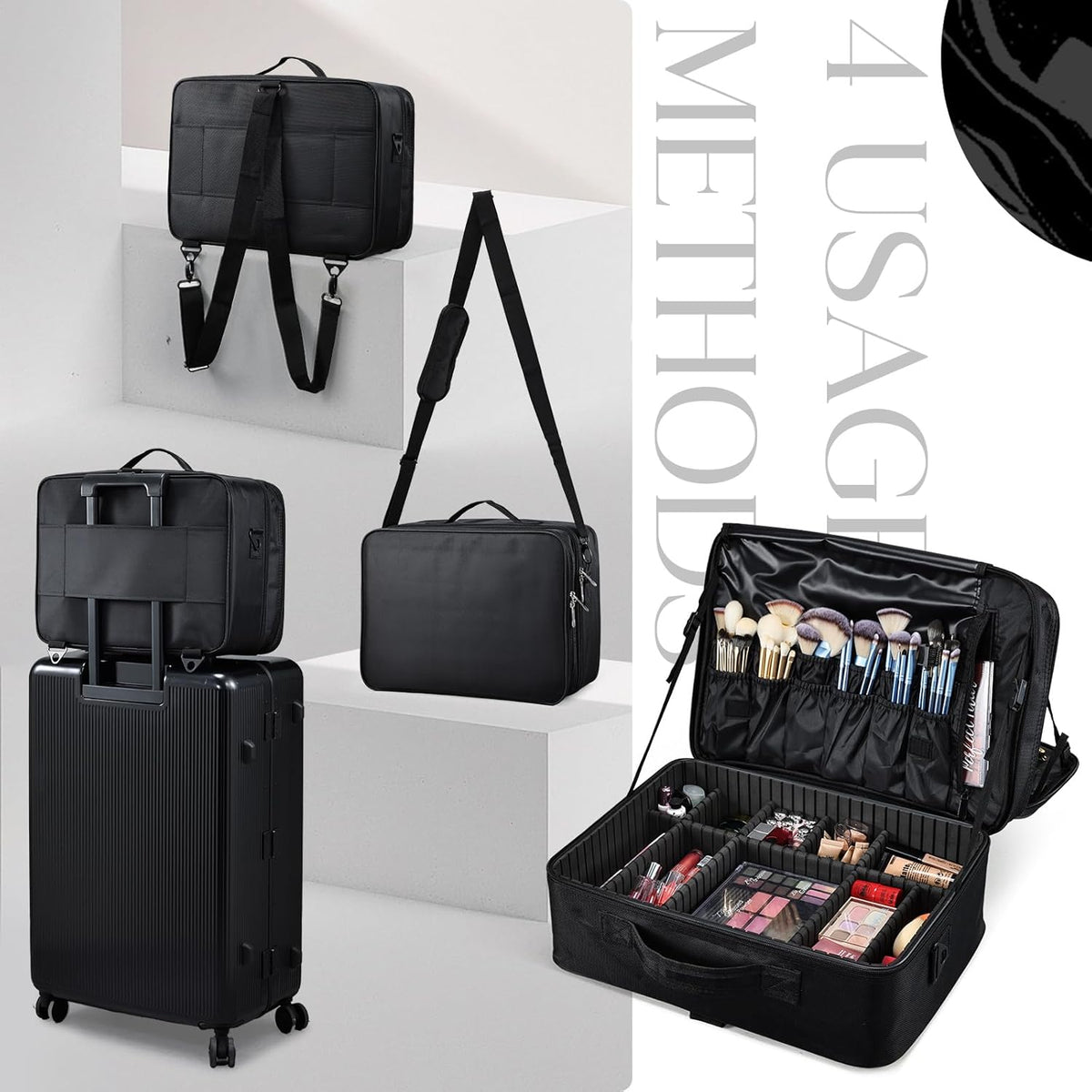 Extra Large Makeup Case 8.5” Deep Professional Cosmetic Organizer Box Brush Holder with 3 Clear Set Bags/Lipstick Plate for Makeup Artists with Shoulder Strap/Adjustable Dividers/Luggage Sleeve