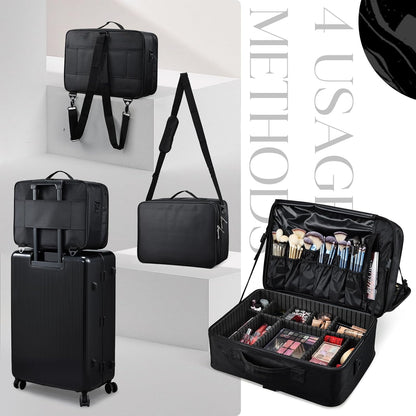 Extra Large Makeup Case 8.5” Deep Professional Cosmetic Organizer Box Brush Holder with 3 Clear Set Bags/Lipstick Plate for Makeup Artists with Shoulder Strap/Adjustable Dividers/Luggage Sleeve