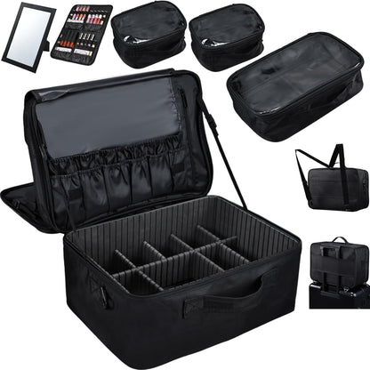 Extra Large Makeup Case 8.5” Deep Professional Cosmetic Organizer Box Brush Holder with 3 Clear Set Bags/Lipstick Plate for Makeup Artists with Shoulder Strap/Adjustable Dividers/Luggage Sleeve