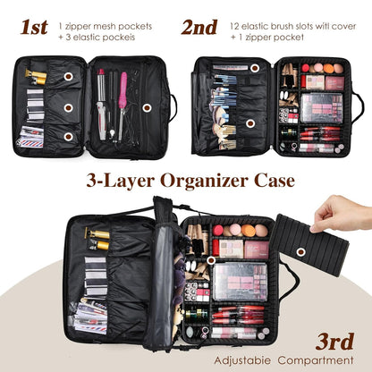 Extra Large Makeup Case 8.5” Deep Professional Cosmetic Organizer Box Brush Holder with 3 Clear Set Bags/Lipstick Plate for Makeup Artists with Shoulder Strap/Adjustable Dividers/Luggage Sleeve