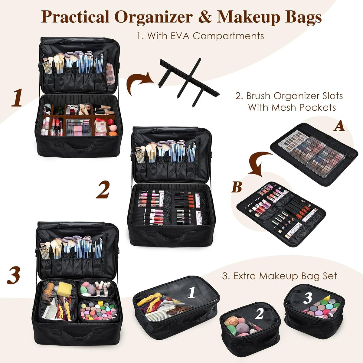 Extra Large Makeup Case 8.5” Deep Professional Cosmetic Organizer Box Brush Holder with 3 Clear Set Bags/Lipstick Plate for Makeup Artists with Shoulder Strap/Adjustable Dividers/Luggage Sleeve