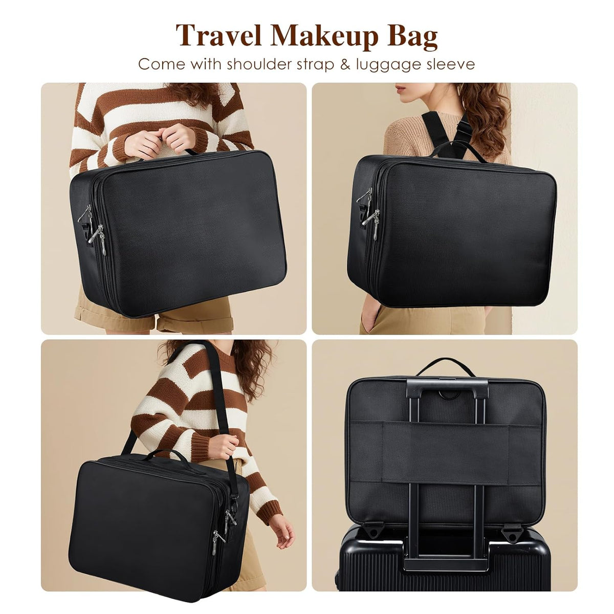 Extra Large Makeup Case 8.5” Deep Professional Cosmetic Organizer Box Brush Holder with 3 Clear Set Bags/Lipstick Plate for Makeup Artists with Shoulder Strap/Adjustable Dividers/Luggage Sleeve