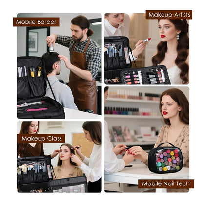 Extra Large Makeup Case 8.5” Deep Professional Cosmetic Organizer Box Brush Holder with 3 Clear Set Bags/Lipstick Plate for Makeup Artists with Shoulder Strap/Adjustable Dividers/Luggage Sleeve