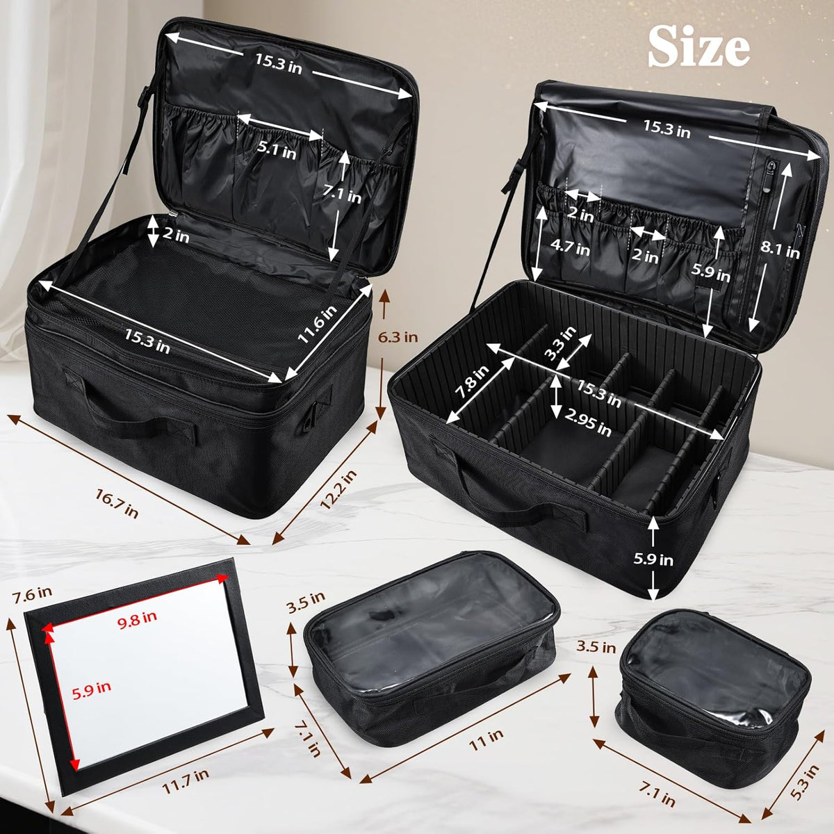 Extra Large Makeup Case 8.5” Deep Professional Cosmetic Organizer Box Brush Holder with 3 Clear Set Bags/Lipstick Plate for Makeup Artists with Shoulder Strap/Adjustable Dividers/Luggage Sleeve