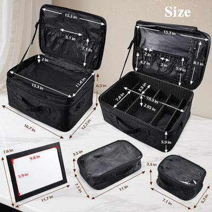 Extra Large Makeup Case 8.5” Deep Professional Cosmetic Organizer Box Brush Holder with 3 Clear Set Bags/Lipstick Plate for Makeup Artists with Shoulder Strap/Adjustable Dividers/Luggage Sleeve