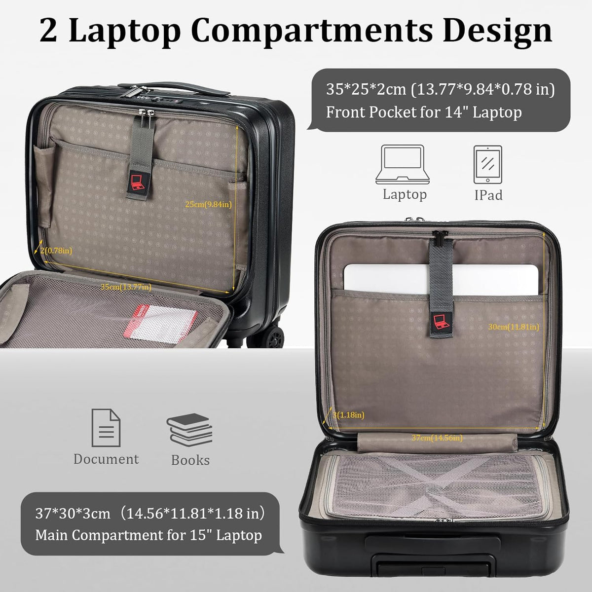 16 Inch Carry On Luggage with 2 Compartments for 14” & 15” Laptop, 16.14*8*17.12” Rolling Briefcase, Lightweight Hardshell ABS+PC Suitcase with Spinner Silent Wheels, for Business Trip, Dark Gray
