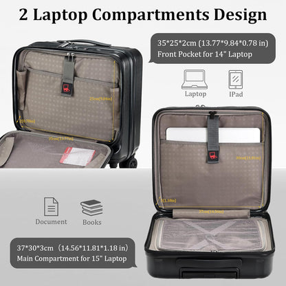 16 Inch Carry On Luggage with 2 Compartments for 14” & 15” Laptop, 16.14*8*17.12” Rolling Briefcase, Lightweight Hardshell ABS+PC Suitcase with Spinner Silent Wheels, for Business Trip, Dark Gray