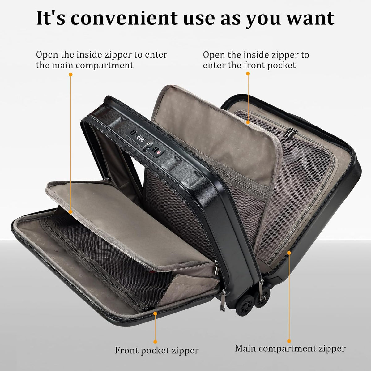 16 Inch Carry On Luggage with 2 Compartments for 14” & 15” Laptop, 16.14*8*17.12” Rolling Briefcase, Lightweight Hardshell ABS+PC Suitcase with Spinner Silent Wheels, for Business Trip, Dark Gray