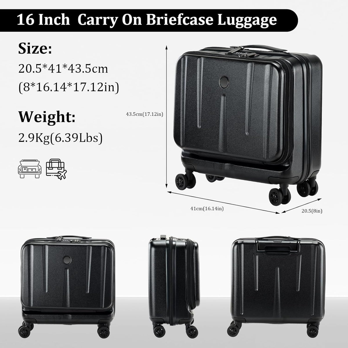 16 Inch Carry On Luggage with 2 Compartments for 14” & 15” Laptop, 16.14*8*17.12” Rolling Briefcase, Lightweight Hardshell ABS+PC Suitcase with Spinner Silent Wheels, for Business Trip, Dark Gray