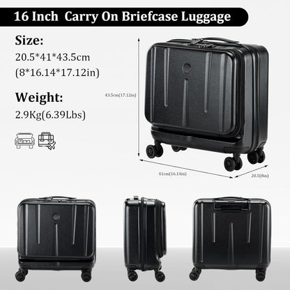 16 Inch Carry On Luggage with 2 Compartments for 14” & 15” Laptop, 16.14*8*17.12” Rolling Briefcase, Lightweight Hardshell ABS+PC Suitcase with Spinner Silent Wheels, for Business Trip, Dark Gray
