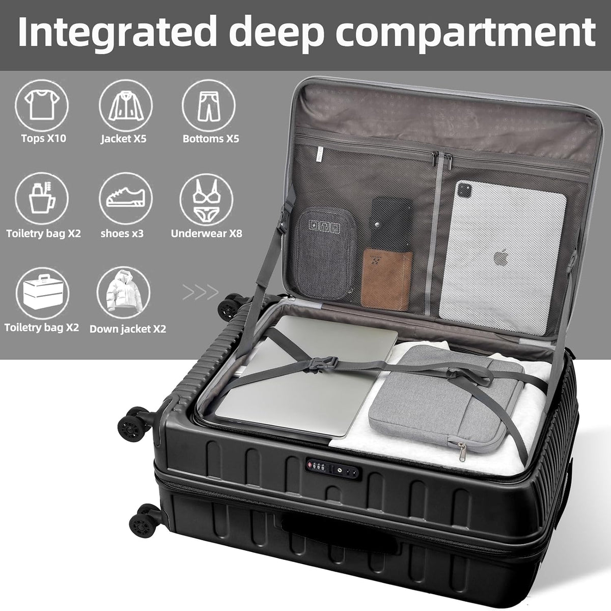 16 Inch Carry On Luggage with 2 Compartments for 14” & 15” Laptop, 16.14*8*17.12” Rolling Briefcase, Lightweight Hardshell ABS+PC Suitcase with Spinner Silent Wheels, for Business Trip, Dark Gray