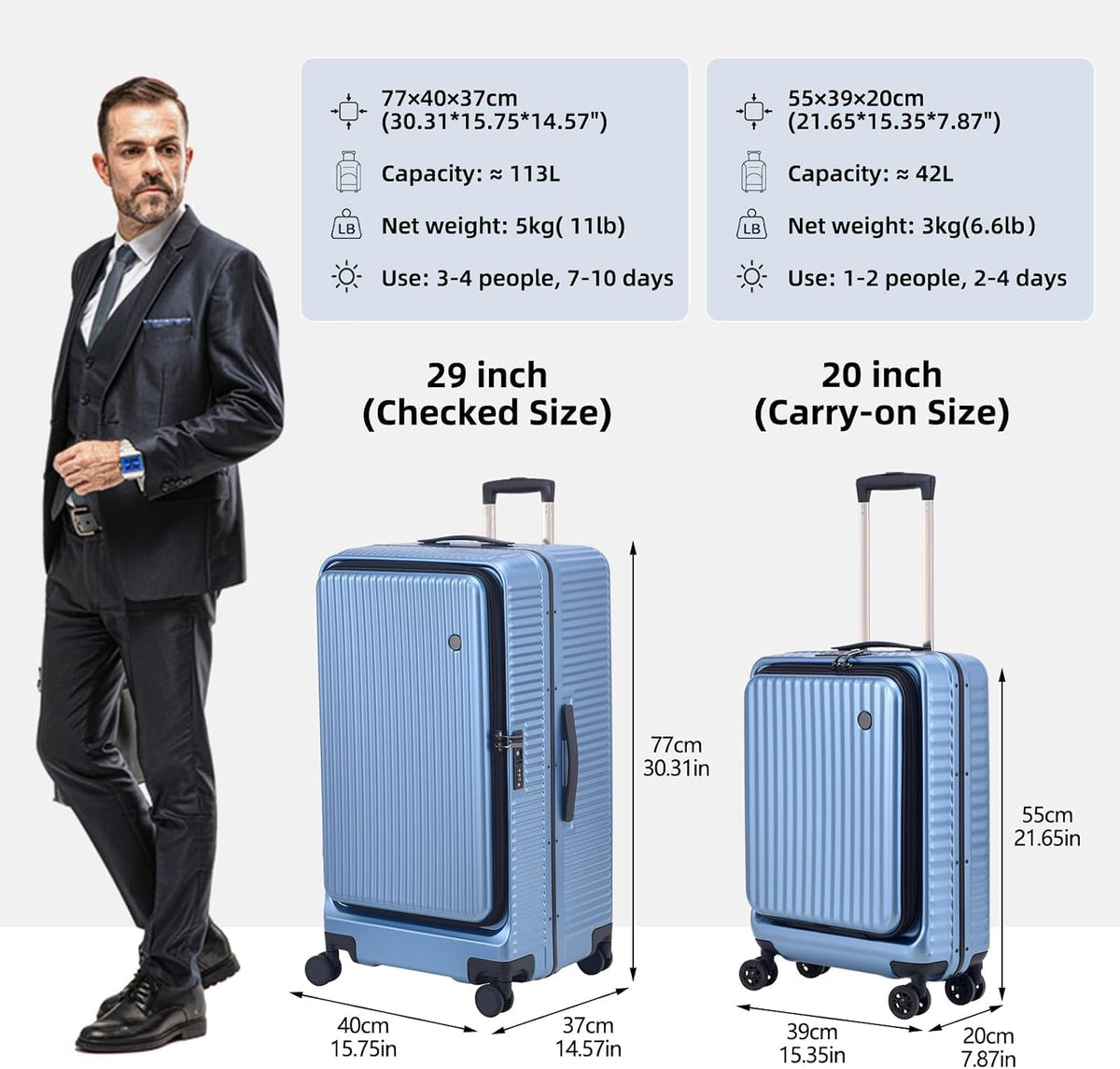 16 Inch Carry On Luggage with 2 Compartments for 14” & 15” Laptop, 16.14*8*17.12” Rolling Briefcase, Lightweight Hardshell ABS+PC Suitcase with Spinner Silent Wheels, for Business Trip, Dark Gray