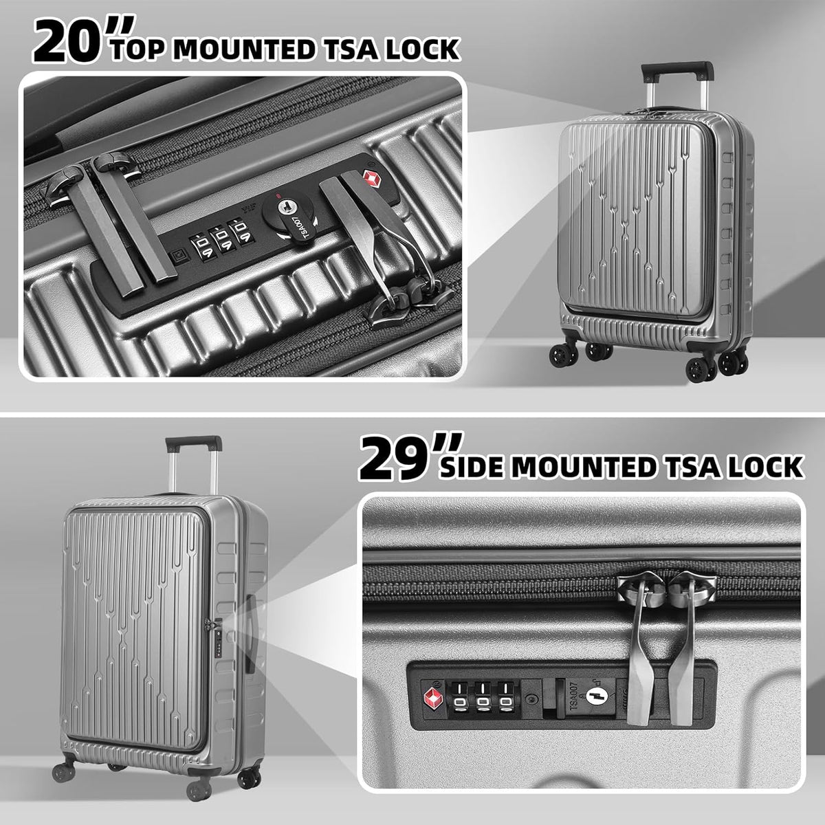 16 Inch Carry On Luggage with 2 Compartments for 14” & 15” Laptop, 16.14*8*17.12” Rolling Briefcase, Lightweight Hardshell ABS+PC Suitcase with Spinner Silent Wheels, for Business Trip, Dark Gray