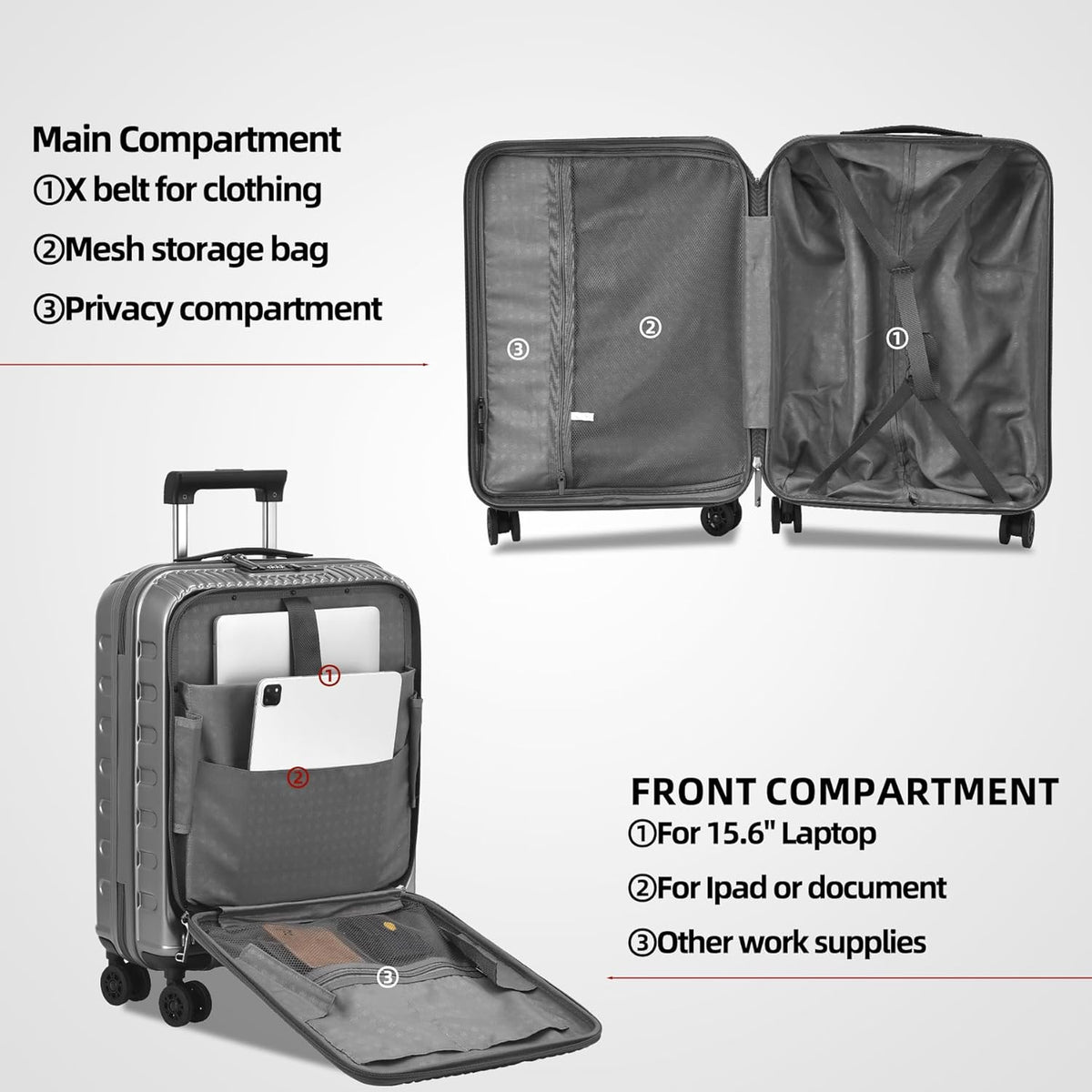 16 Inch Carry On Luggage with 2 Compartments for 14” & 15” Laptop, 16.14*8*17.12” Rolling Briefcase, Lightweight Hardshell ABS+PC Suitcase with Spinner Silent Wheels, for Business Trip, Dark Gray