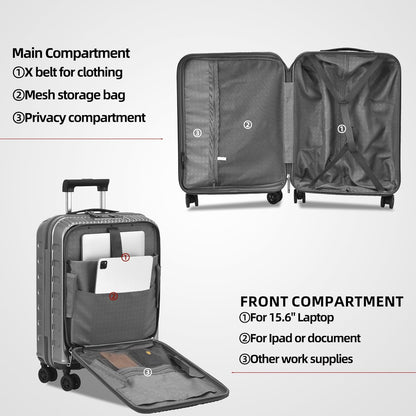 16 Inch Carry On Luggage with 2 Compartments for 14” & 15” Laptop, 16.14*8*17.12” Rolling Briefcase, Lightweight Hardshell ABS+PC Suitcase with Spinner Silent Wheels, for Business Trip, Dark Gray