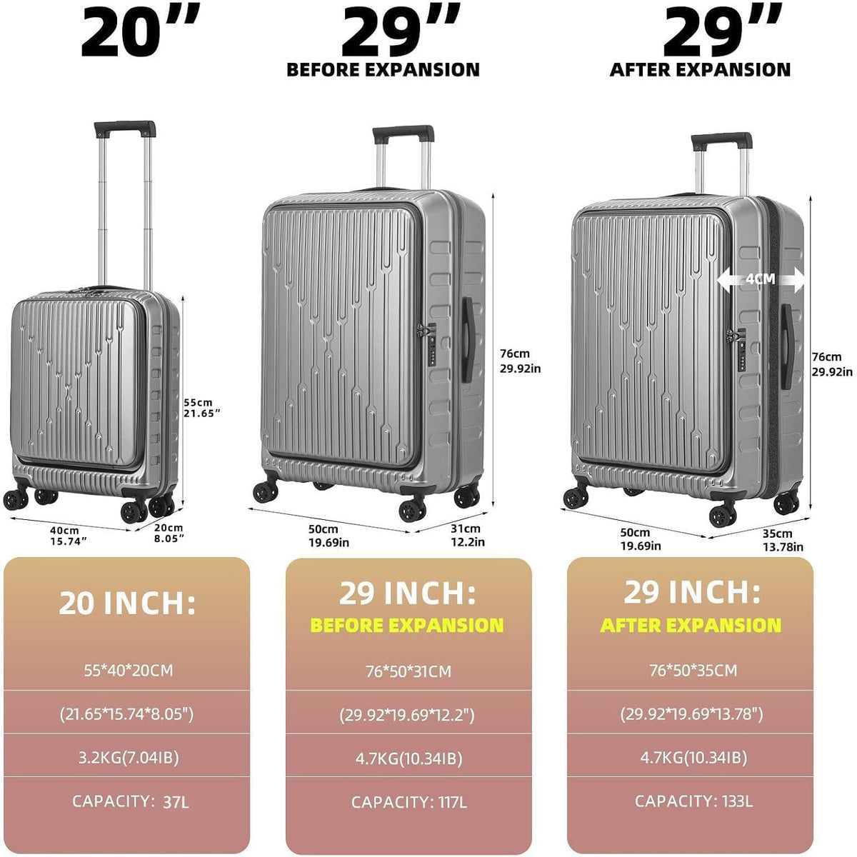16 Inch Carry On Luggage with 2 Compartments for 14” & 15” Laptop, 16.14*8*17.12” Rolling Briefcase, Lightweight Hardshell ABS+PC Suitcase with Spinner Silent Wheels, for Business Trip, Dark Gray