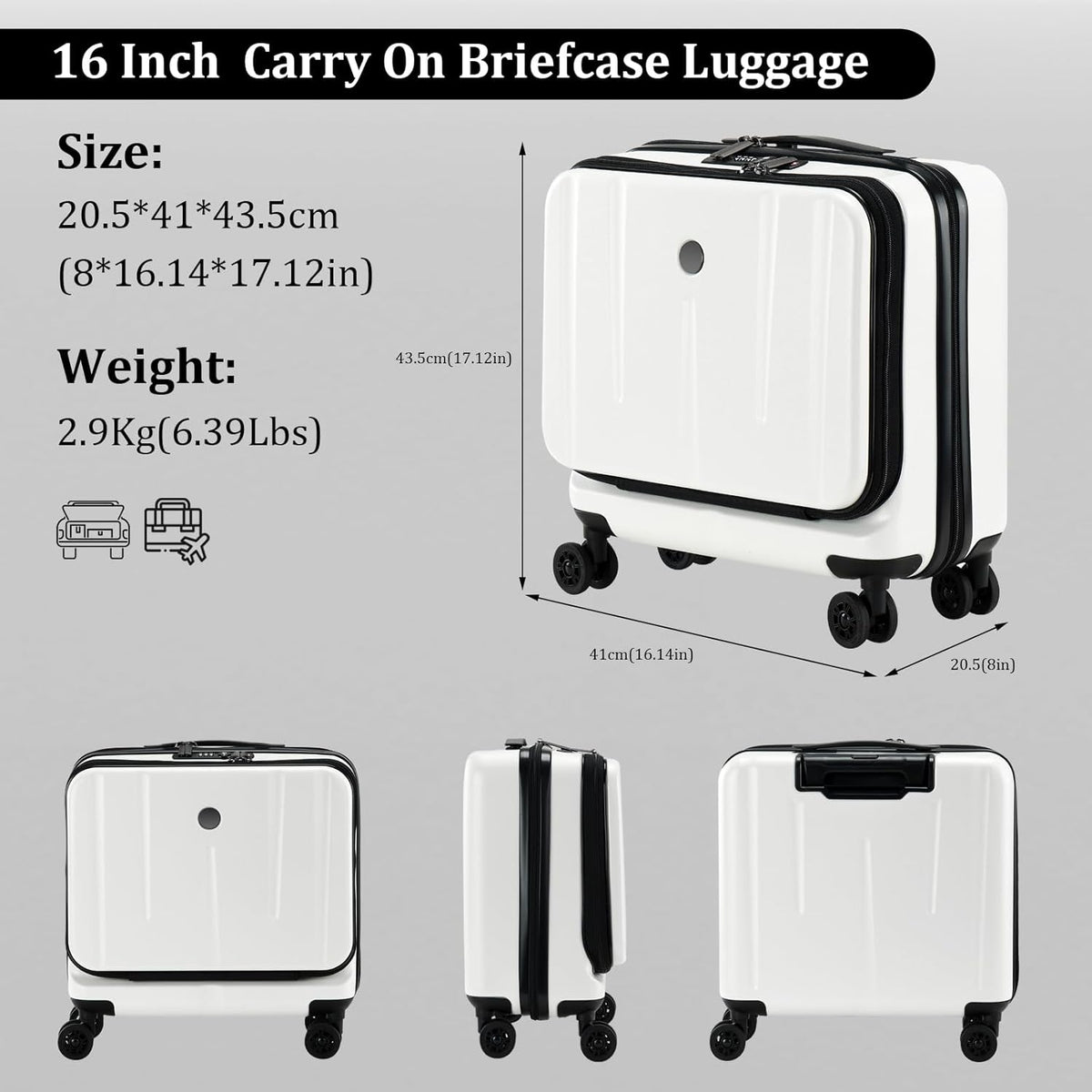 16 Inch Carry On Luggage with 2 Compartments for 14” & 15” Laptop, 16.14*8*17.12” Rolling Briefcase, Lightweight Hardshell ABS+PC Suitcase with Spinner Silent Wheels, for Business Trip, Dark Gray