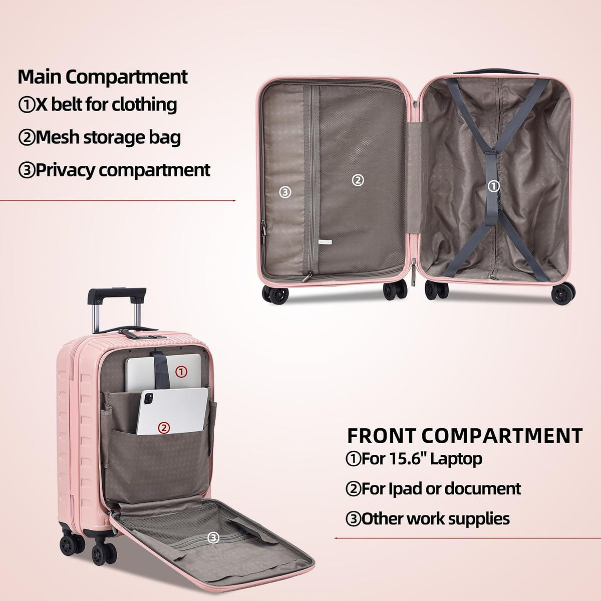 16 Inch Carry On Luggage with 2 Compartments for 14” & 15” Laptop, 16.14*8*17.12” Rolling Briefcase, Lightweight Hardshell ABS+PC Suitcase with Spinner Silent Wheels, for Business Trip, Dark Gray