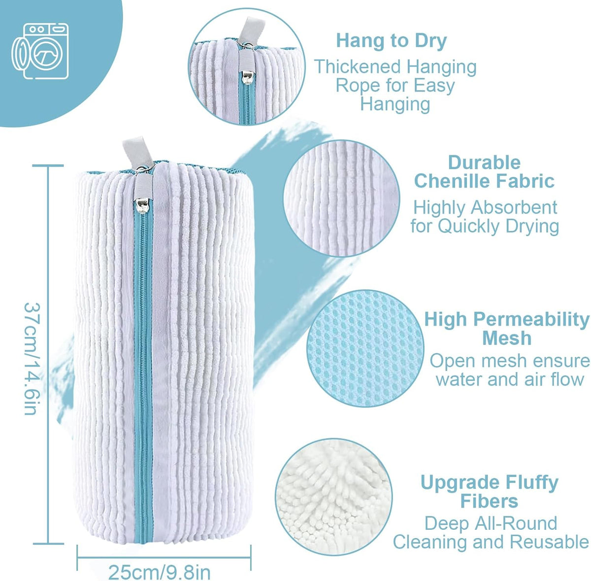 Shoe Washing Bag for Washing Machine,Fluffy Fibers Keep 360° Wrap-around Cleaning, Laundry Shoe Bag for Washer and Dryer,Invisible Zipper Side Opening Reusable Shoe Washing Bag for All Shoes