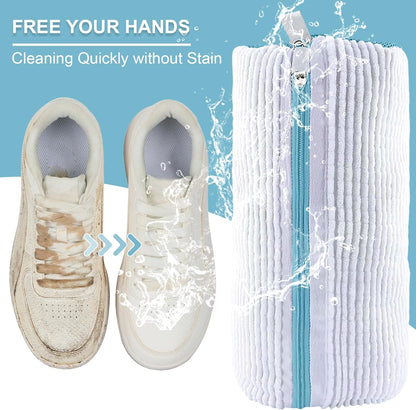 Shoe Washing Bag for Washing Machine,Fluffy Fibers Keep 360° Wrap-around Cleaning, Laundry Shoe Bag for Washer and Dryer,Invisible Zipper Side Opening Reusable Shoe Washing Bag for All Shoes