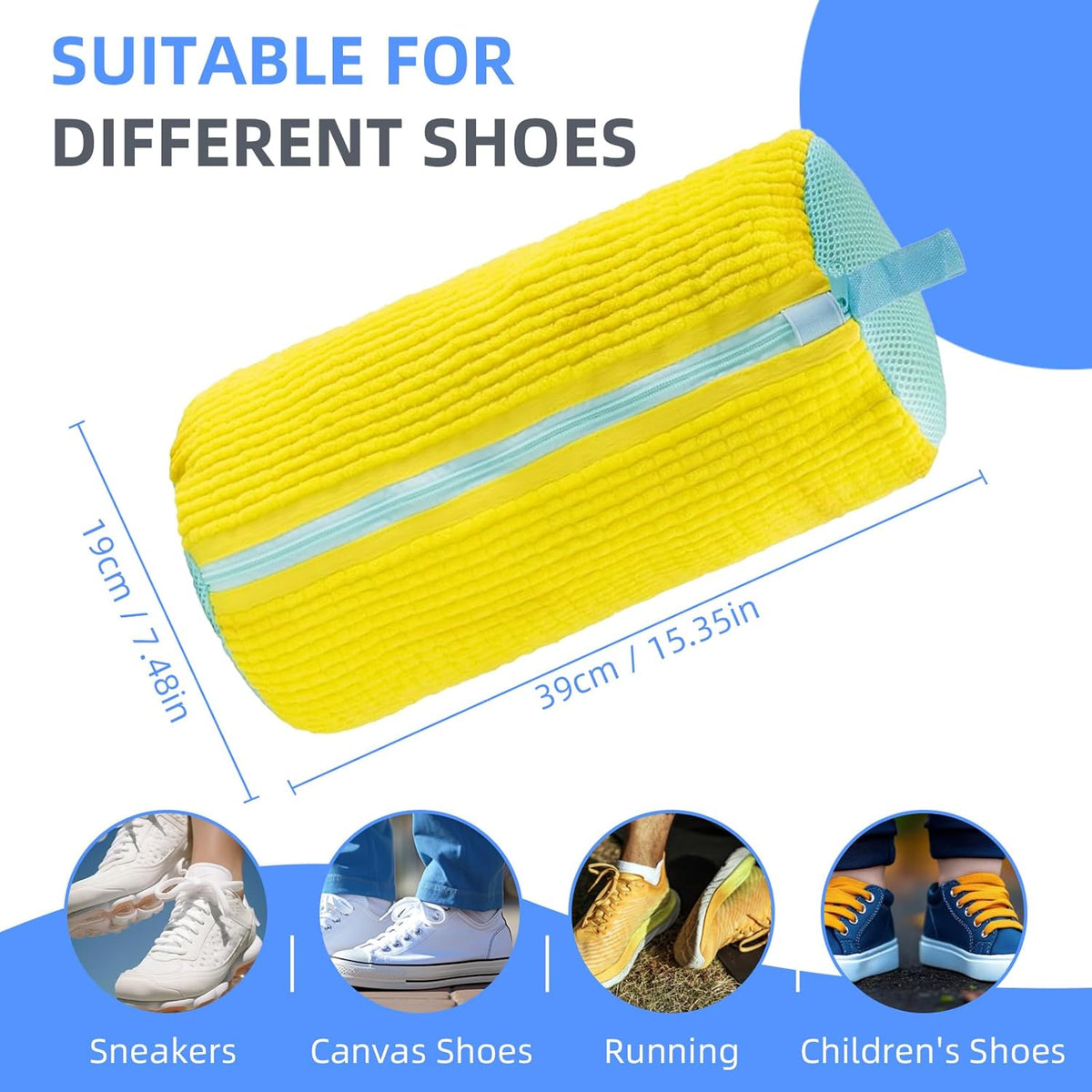 Shoe Washing Bag for Washing Machine,Fluffy Fibers Keep 360° Wrap-around Cleaning, Laundry Shoe Bag for Washer and Dryer,Invisible Zipper Side Opening Reusable Shoe Washing Bag for All Shoes