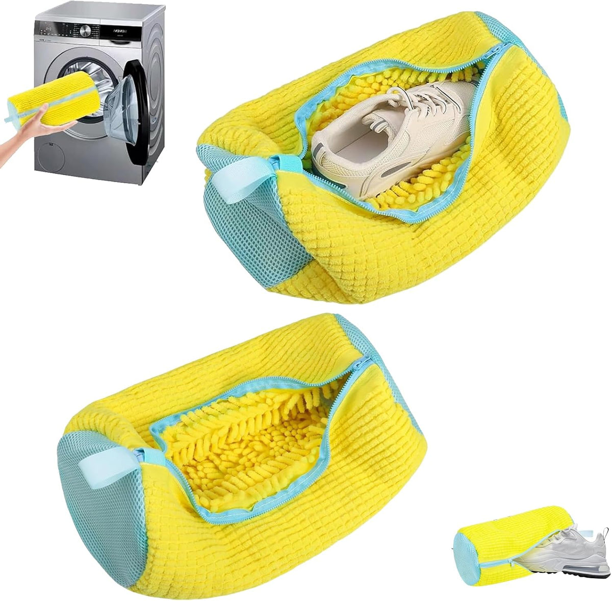 Shoe Washing Bag for Washing Machine,Fluffy Fibers Keep 360° Wrap-around Cleaning, Laundry Shoe Bag for Washer and Dryer,Invisible Zipper Side Opening Reusable Shoe Washing Bag for All Shoes