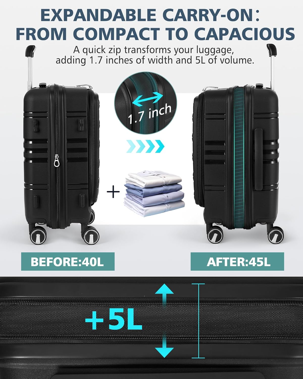 Expandable Carry on Luggage 20 Inch, Airline Approved Carry on Suitcase with Front Pocket&Laptop Compartment, Hardshell Rolling Travel Luggage with Spinner Wheels,Black