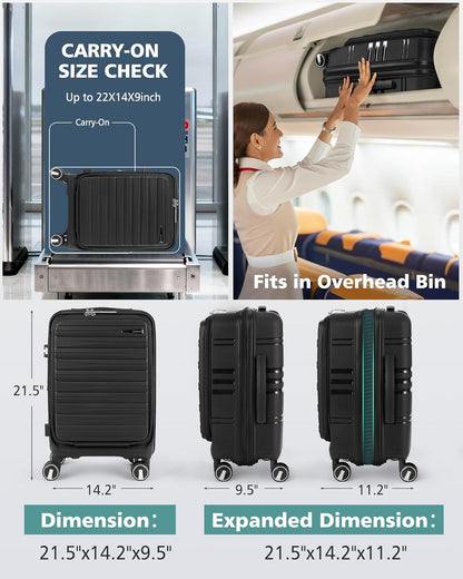 Expandable Carry on Luggage 20 Inch, Airline Approved Carry on Suitcase with Front Pocket&Laptop Compartment, Hardshell Rolling Travel Luggage with Spinner Wheels,Black