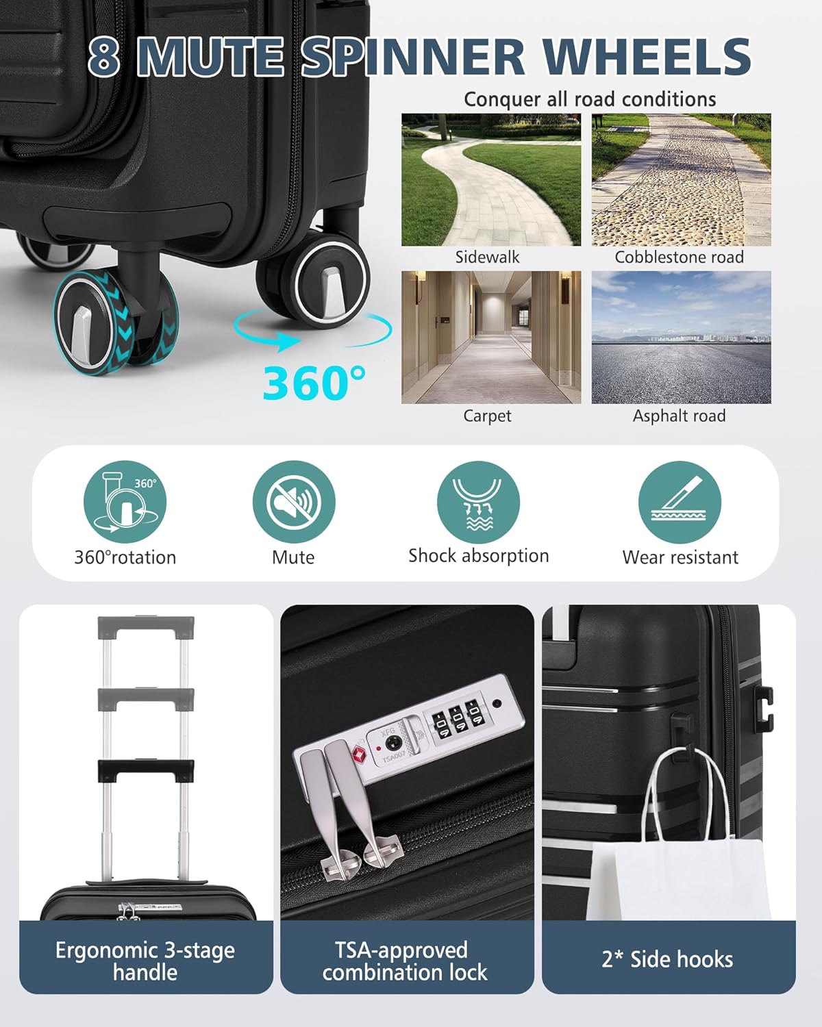 Expandable Carry on Luggage 20 Inch, Airline Approved Carry on Suitcase with Front Pocket&Laptop Compartment, Hardshell Rolling Travel Luggage with Spinner Wheels,Black