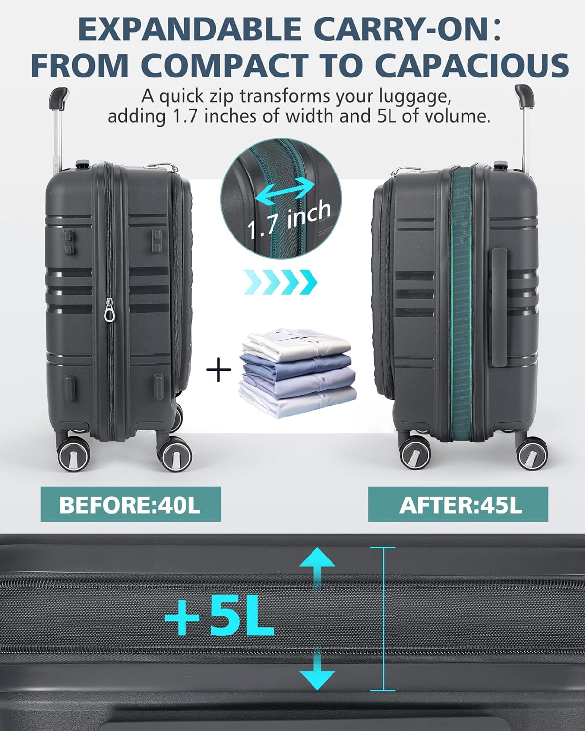 Expandable Carry on Luggage 20 Inch, Airline Approved Carry on Suitcase with Front Pocket&Laptop Compartment, Hardshell Rolling Travel Luggage with Spinner Wheels,Black