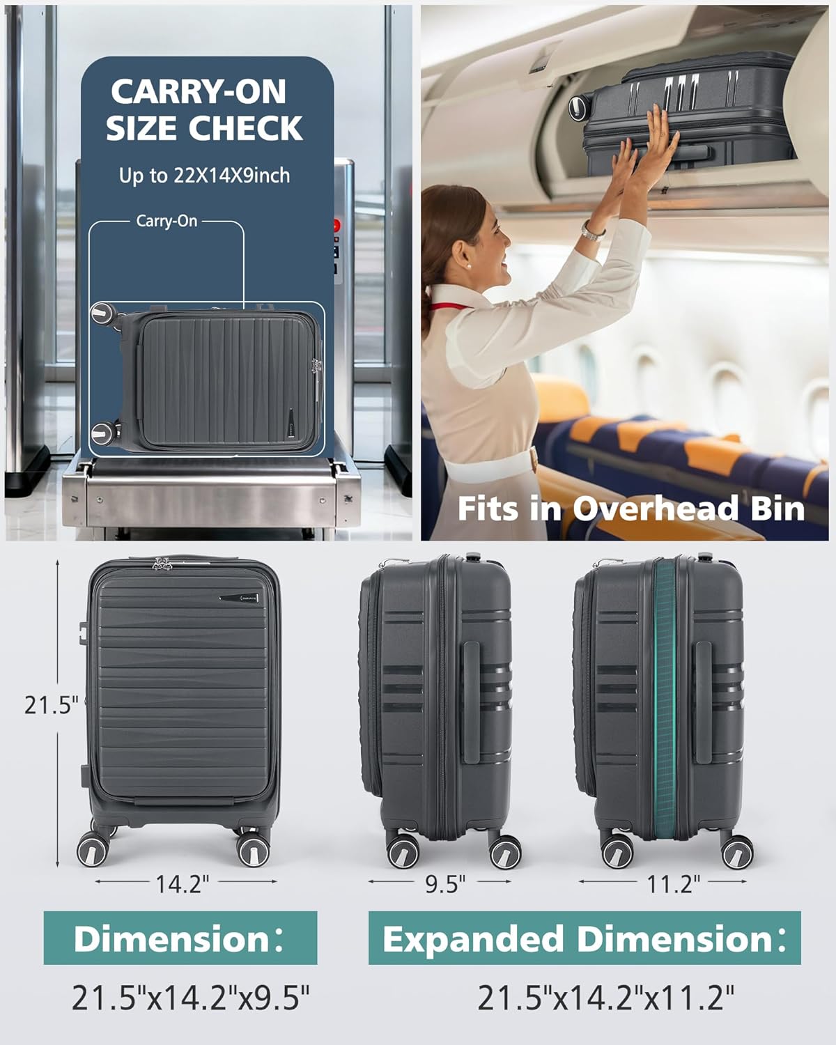 Expandable Carry on Luggage 20 Inch, Airline Approved Carry on Suitcase with Front Pocket&Laptop Compartment, Hardshell Rolling Travel Luggage with Spinner Wheels,Black