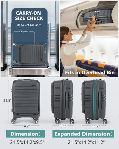 Expandable Carry on Luggage 20 Inch, Airline Approved Carry on Suitcase with Front Pocket&Laptop Compartment, Hardshell Rolling Travel Luggage with Spinner Wheels,Black