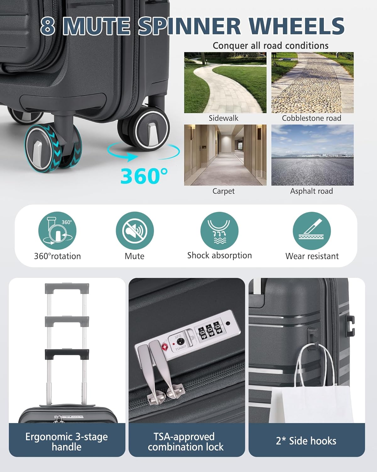 Expandable Carry on Luggage 20 Inch, Airline Approved Carry on Suitcase with Front Pocket&Laptop Compartment, Hardshell Rolling Travel Luggage with Spinner Wheels,Black