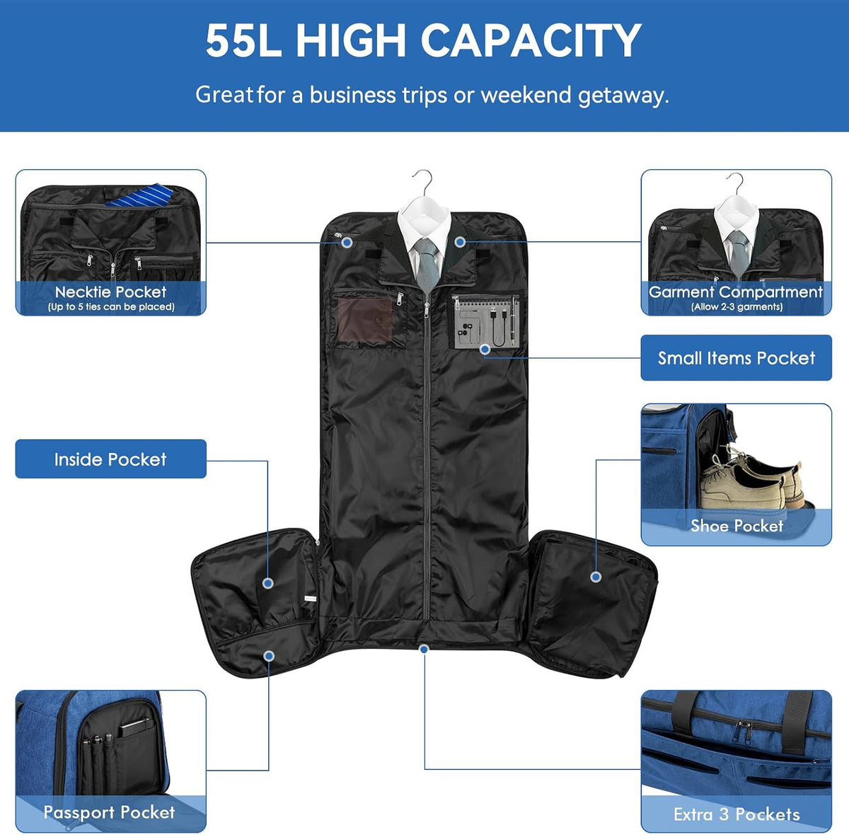 Garment Bags for Travel, Convertible Carry on Duffel Bag for Men Women, Backpack Straps, Shoe Compartment, 3 in 1 Hanging Dress Suit Bags for Men Women