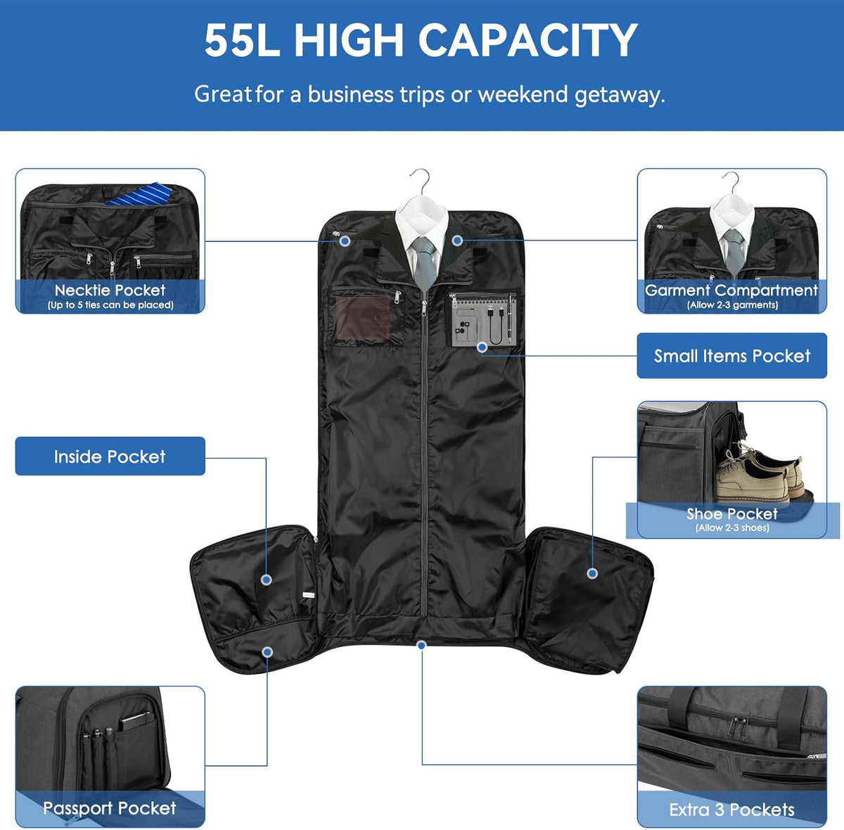 Garment Bags for Travel, Convertible Carry on Duffel Bag for Men Women, Backpack Straps, Shoe Compartment, 3 in 1 Hanging Dress Suit Bags for Men Women