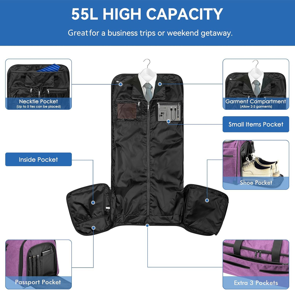 Garment Bags for Travel, Convertible Carry on Duffel Bag for Men Women, Backpack Straps, Shoe Compartment, 3 in 1 Hanging Dress Suit Bags for Men Women